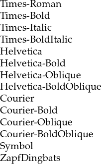 TTimim eess-R-B oomldan
Tim es-Italic
Tim es-B oldItalic
Helvetica
Helvetica-B old
Helvetica-O blique
Helvetica-B oldO blique
Courier
Courier-Bold
Courier-Obliq ue
Courier-BoldObliqu e
Symb ol
ZapfDingbats